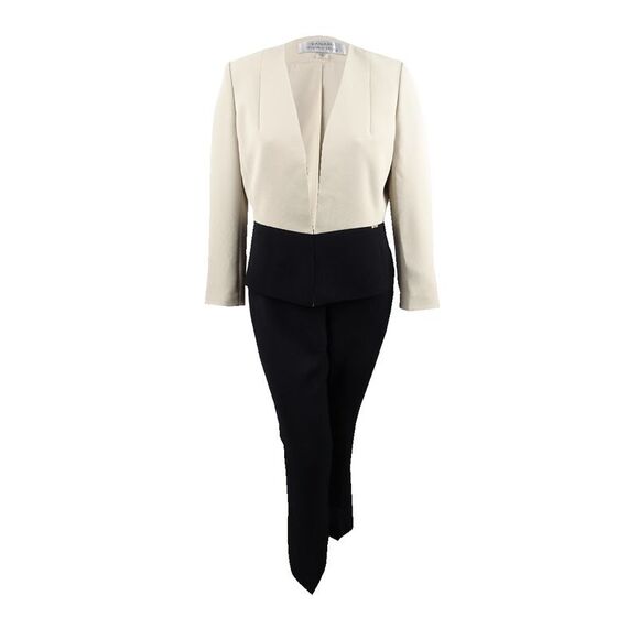 Tahari ASL Women's Colorblocked Pantsuit - Beige/Black - Picture 1 of 3